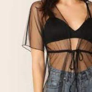 Tie Waist Sheer Mesh Kimono